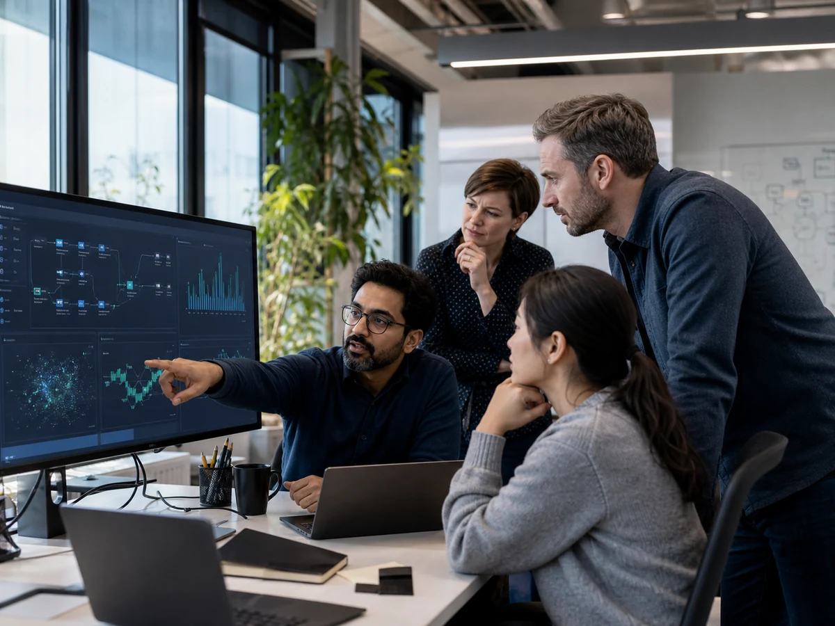 Senior software engineers reviewing an AI operations platform together